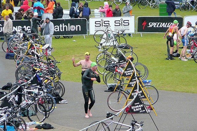 The Human Race triathlon transition swimming to cycling